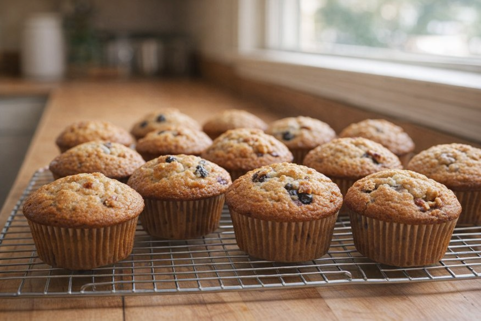 A batch of golden brown muffins, slightly domed, cooling on a wire rack in a bright kitchen. Some muffins have visible berries or nuts.